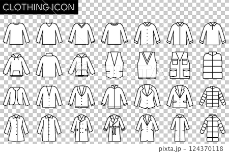 冬季服裝的簡單線條圖標，例如長袖襯衫、夾克和外套（黑色和白色） 124370118