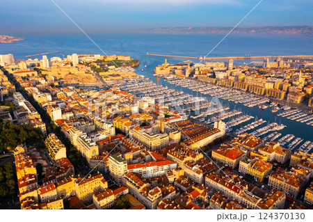 View from drone to Mediterranean seascape with yachts in marina of Marseille View from drone to Mediterranean seascape with yachts in marina of Marseille 124370130