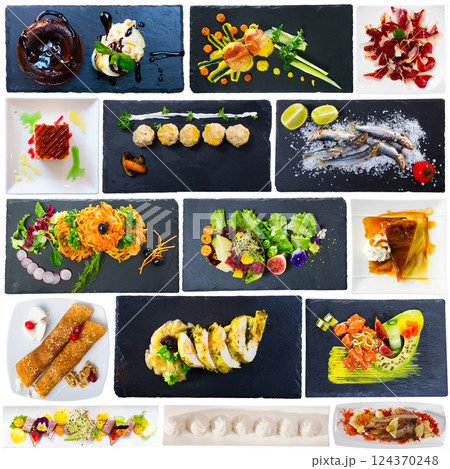 Collection of dishes on square plates Collection of dishes on square plates 124370248