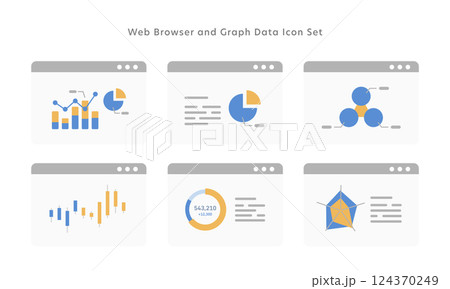 Webブラウザ画面に表示されたグラフのベクターアイコンセット (フラットデザイン) 124370249