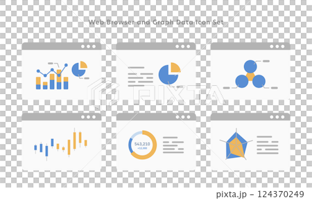 Vector icon set of graphs displayed on a web browser screen (flat design) 124370249