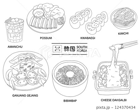 韓国料理の線画イラストセット＿モノクロ 124370434