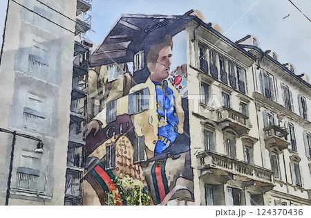 イタリアのミラノは街中にグッチをはじめハイブランドの広告がある（オリジナル画像からAIイラスト加工） 124370436