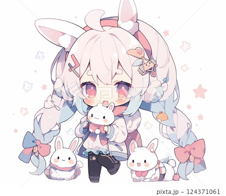 うさぎのぬいぐるみを抱くうさ耳少 b 124371061