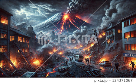 南海トラフ巨大地震により大規模火災が発生し富士山が大噴火する様子 124371067