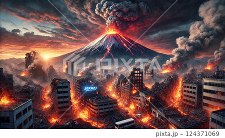 首都圏直下型地震により大規模火災が発生し富士山が大噴火する様子 124371069