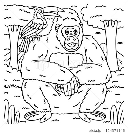 Gorilla Animal and Toucan Coloring Page for Kids  124371146