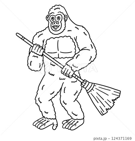 Gorilla Animal with a Broom Isolated Coloring  124371169