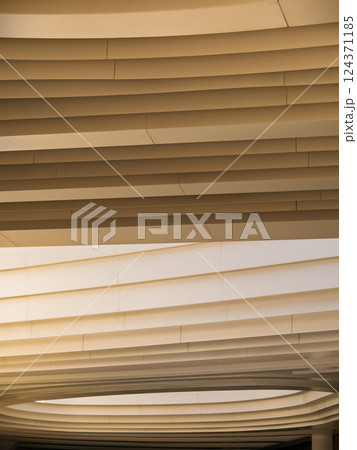 Architecture details Metal cladding ceiling Line pattern Gradation color monochrome Architecture details Metal cladding ceiling Line pattern Gradation color monochrome 124371185