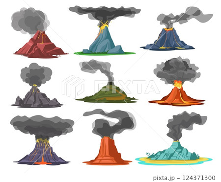 Active volcanoes. Eruptions lava, fire, smoke, mountain rock crater exploding, red hot liquid ejection, earth bowels, landscape element cartoon flat style isolated qualitative vector set 124371300