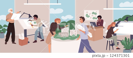 Architect office. Professionals work, workplaces with drawings, designs and layouts, buildings and houses designers, men and women cartoon flat style isolated garish vector concept 124371301