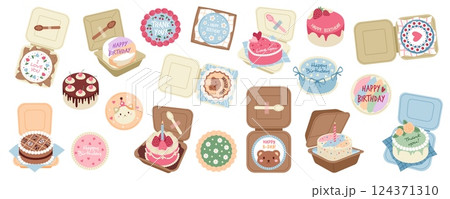 Cartoon bento cakes. Sweet mini pastry, asian small desserts, sugar and fruit biscuits in boxes, korean cheesecakes, birthday party delicious confectionery food, tidy vector isolated set 124371310