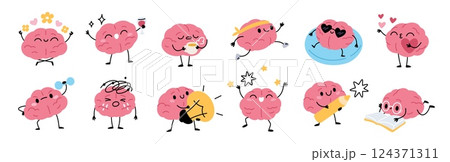 Cartoon brain character. Pink cute mind with feet, hands and smiling funny face, human organ clever mascot, educational symbol, isolated emoji, knowledge emoticon garish vector comic set 124371311
