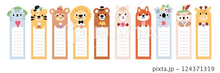 Cute cartoon animal bookmarks. Kids funny book labels, kawaii paper childish stickers, pages dividers templates with fauna design, funny faces, copy space for text, isolated garish vector set 124371319