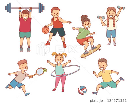 Cute young athletes. Different sports little representatives, funny children characters, basketball, football and tennis player, weightlifter, skateboarding cartoon flat decent vector set 124371321