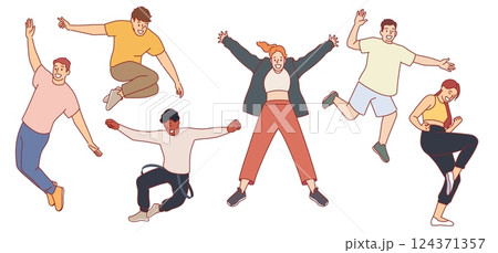 Happy people jump up. Energetic young men and women, positive emotions, joy of success, cheerful characters, laughing friends in active pose, cartoon flat style isolated decent vector set Happy people jump up. Energetic young men and women, positive emotions, joy of success, cheerful characters, laughing friends in active pose, cartoon flat style isolated decent vector set 124371357