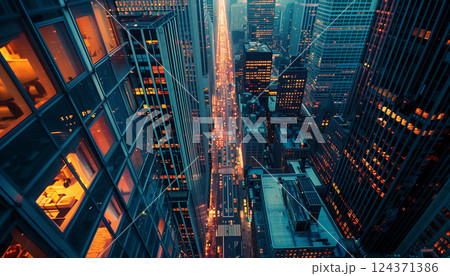 aerial view of skyscrapers of the night timelapse 124371386