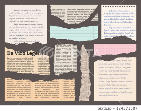 Newspaper and zines torn pieces. Cut paper fragments with texts, letters or books pages with uneven edges, notepad sheets, scraps, notepaper cartoon flat style isolated classy vector set 124371387