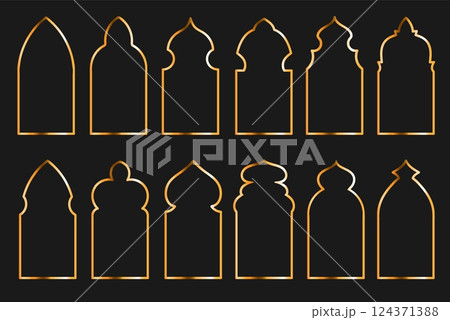 Oriental golden windows. Traditional islamic frames, ramadan kareem, arabic design borders, muslim arches and doors, arabesque gold silhouette, empty space splendid vector isolated set 124371388