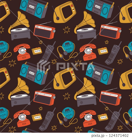 Retro gadgets. Vintage electronic devices, 90s technology, mobile phone, gamepad console, old vinyl record player, radio and television, wrapping, wallpaper. Cartoon flat garish vector print 124371402