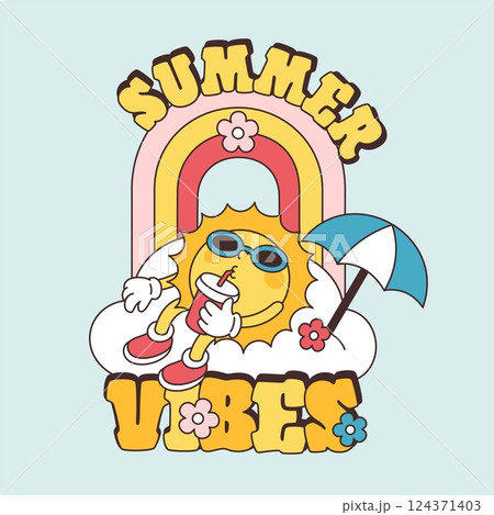 Retro happy sun character with drink. Cute groovy mascot, summer vibes, vintage comic and animation style, relax card, print or poster, cartoon flat isolated graphic garish vector concept 124371403