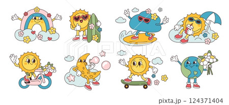 Retro weather characters. Funny groovy mascots with smiling faces, feet and hands, suns, cloud and rainbow, earth and moon, stickers collection, cartoon flat isolated garish vector set 124371404