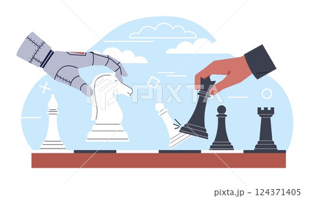 Robot playing chess with human. Competition with artificial intelligence. AI technologies. Robot and business and hands. Mechanical cyborg. Cartoon flat style isolated vector concept 124371405