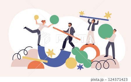 Team abstract geometric shapes. People group balancing on abstract figures, trying find stability, creativity process, partnership colleague cartoon flat isolated garish vector concept 124371423
