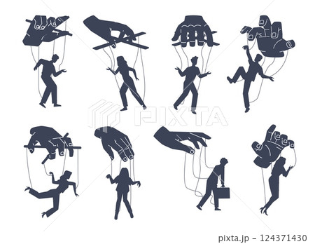 Set silhouettes human manipulator arms. Manipulating process. Hand hold marionettes with strings, men and women domination. Abuse metaphor. Freedom concept. Vector isolated illustration 124371430