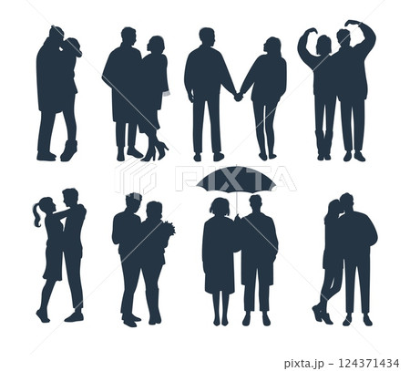 Set silhouettes pairs men and women. Romantic girls and guys hugging, holding hands, happy loving characters. Black isolated elements. Girlfriend and boyfriend couple. Vector illustration 124371434