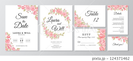 Wedding invitation with floral design. Pink delicate roses compositions, event banners template, beautiful flowers, botanical frames and borders, business cards, tidy vector isolated set 124371462