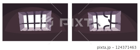 Whole and broken bars of prison window. Jail interior object. Damaged metal steel lattice. Escape jailbreak. Freedom for criminals symbol. Cartoon flat style isolated vector concept 124371463
