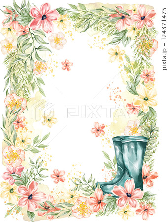 Watercolor floral border. Flower pink rose, green leaves. Wedding concept with flowers. Floral poster, invite. Spring wildflower arrangements for greeting card or invitation design. 124371475