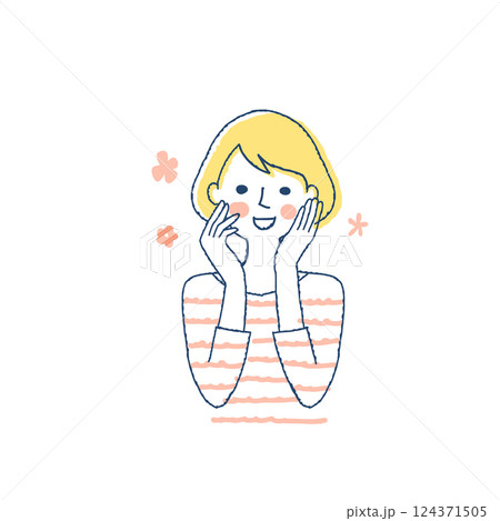 頬に手を当てて喜んでいる女性 124371505