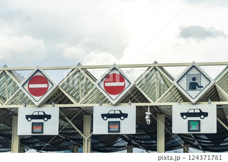 Border crossing with counters for car truck transport in Austria. 124371781