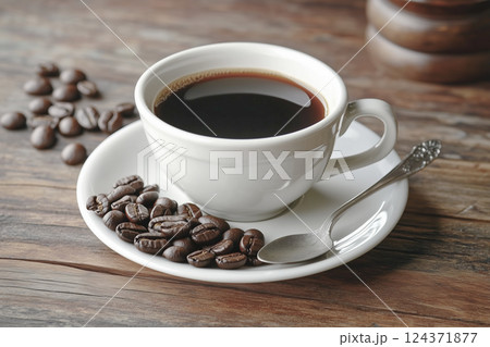 コーヒー_珈琲豆_カップ_スプーン_木目_テーブル 124371877