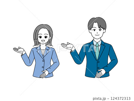 案内するスーツ姿の男女のイラストセット（ブルー） 124372313