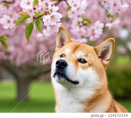 桜を見つめる柴犬 124372314