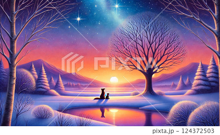 雪原の池に映る夕日とともに星空を見上げるキツネとウサギの静かなひととき 雪原の池に映る夕日とともに星空を見上げるキツネとウサギの静かなひととき 124372503