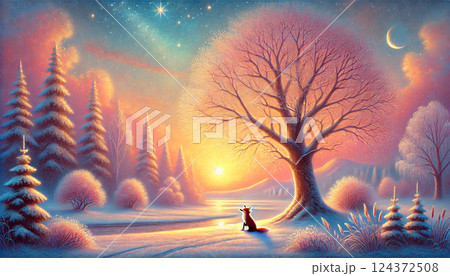 優しい星明かりと淡い夕日が照らす、冬の大樹のもとにたたずむキツネの静寂なひととき 124372508