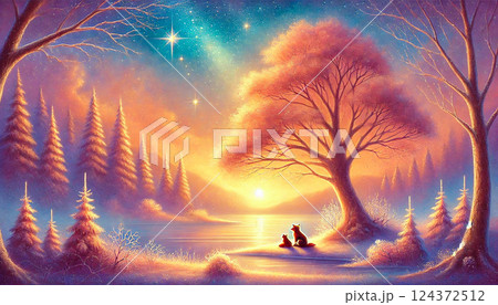 冬の湖畔に佇むキツネ親子と星降る空に包まれた光輝く大樹の幻想的な夕暮れ風景 冬の湖畔に佇むキツネ親子と星降る空に包まれた光輝く大樹の幻想的な夕暮れ風景 124372512