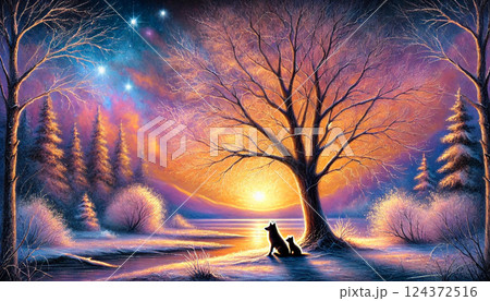 星降る冬の湖畔に佇むオオカミ親子と黄金に輝く大樹が描く静寂のトワイライト 星降る冬の湖畔に佇むオオカミ親子と黄金に輝く大樹が描く静寂のトワイライト 124372516