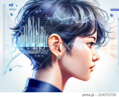 音を聞き分ける女性のイラスト素材　耳のクローズアップ 124372730