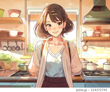 キッチンに立つ若い女性のイラスト素材 キッチンに立つ若い女性のイラスト素材 124372745