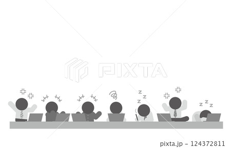 会議中サボっている人と迷惑している人のモノクロのピクトグラム素材セット 124372811
