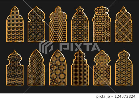 Arabian ornamental window. Golden islamic patterned arches, traditional arabesque elements, ramadan kareem frames, gold silhouette, ornamental background, isolated splendid vector set 124372824