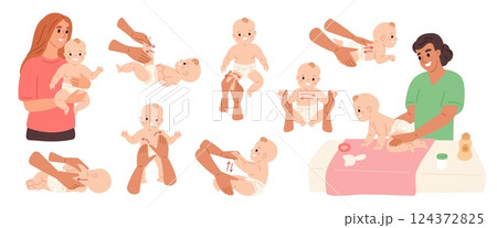 Baby massage. Child health therapy, nurse masseur with newborn kid, hand movements schemes on children body, infant care, health procedures cartoon flat style isolated garish vector set 124372825