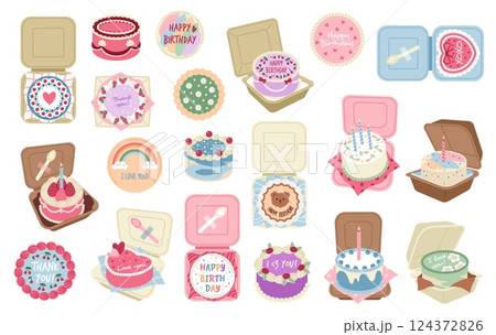 Bento cakes. Asian desserts, tea party, small sweets in boxes, sugar confectionery, fruits mini pastry, birthday treat, love declaration, cartoon flat style isolated tidy vector set 124372826
