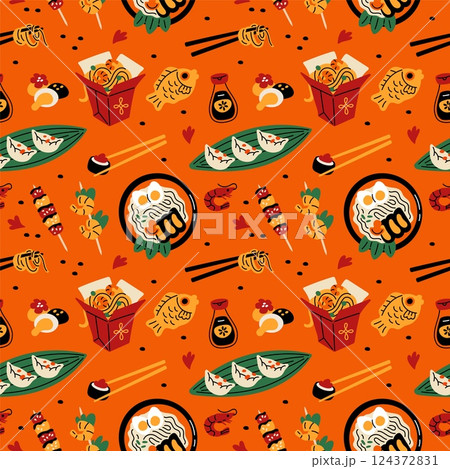 Cartoon asian food pattern. Repeated traditional chinese, japanese, korean dishes, tasty meal, noodles, soy sauce, textile, wrapping paper, wallpaper. Print for fabric, garish vector background Cartoon asian food pattern. Repeated traditional chinese, japanese, korean dishes, tasty meal, noodles, soy sauce, textile, wrapping paper, wallpaper. Print for fabric, garish vector background 124372831