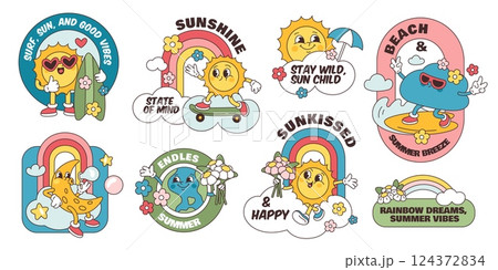 Cartoon retro characters stickers. Groovy cool emblems, funny weather mascots, sun, cloud, rainbow, earth and moon, stickers, emoticon isolated elements, childish prints garish vector set Cartoon retro characters stickers. Groovy cool emblems, funny weather mascots, sun, cloud, rainbow, earth and moon, stickers, emoticon isolated elements, childish prints garish vector set 124372834